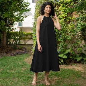 Black Cotton Poplin A-Line Detachable Sleeve Flared Midi Dress
