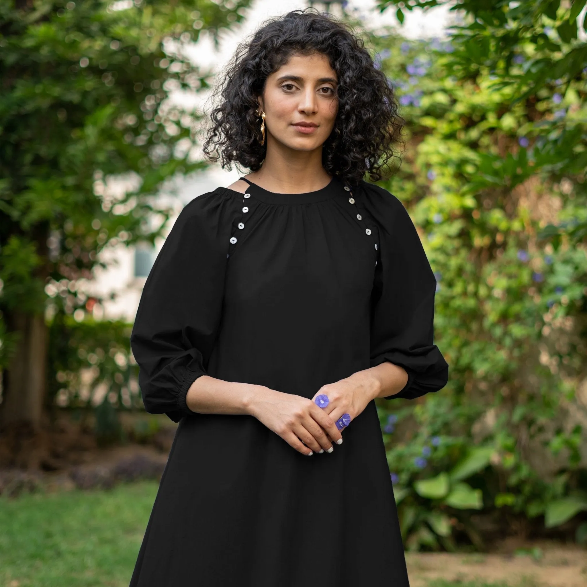 Black Cotton Poplin A-Line Detachable Sleeve Flared Midi Dress