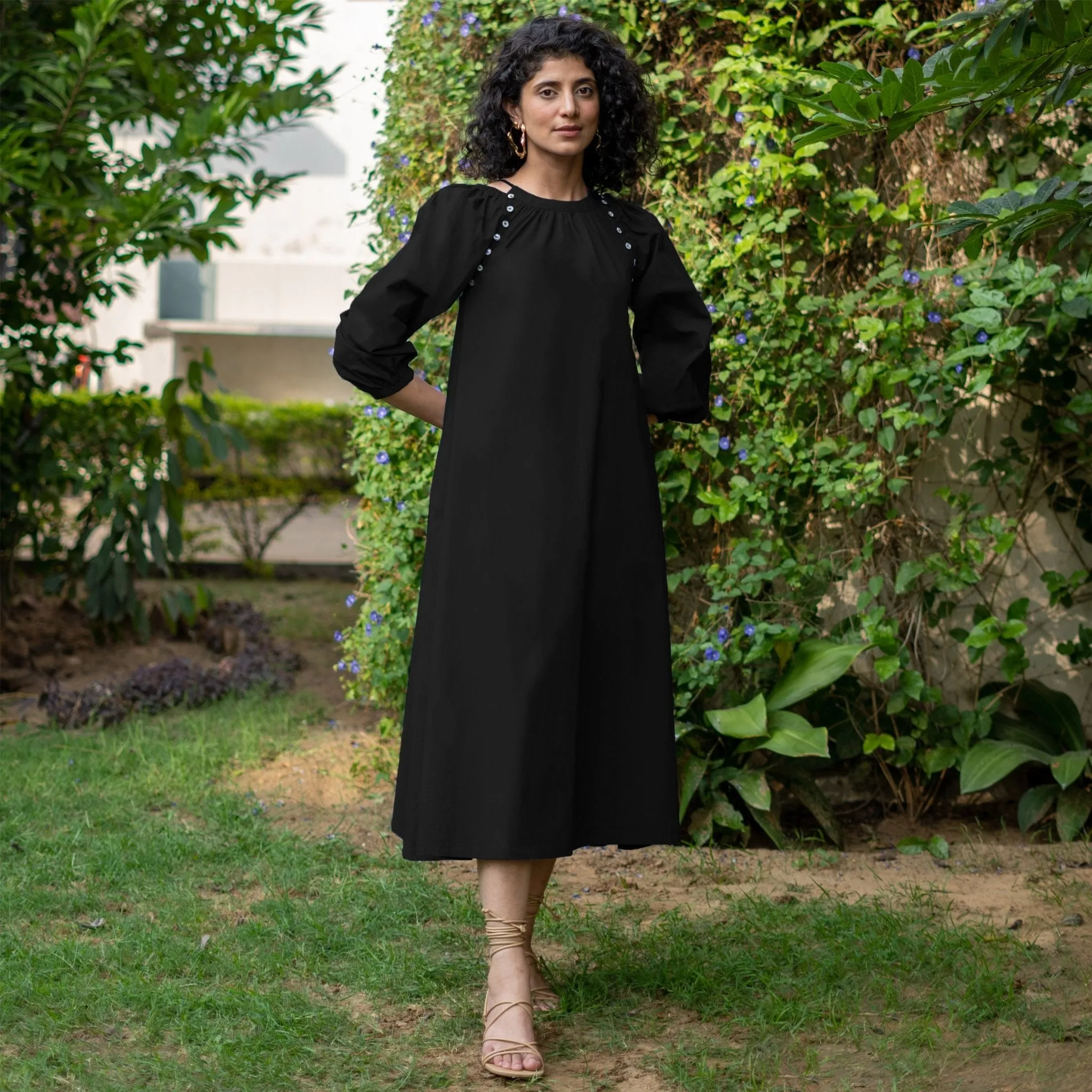 Black Cotton Poplin A-Line Detachable Sleeve Flared Midi Dress