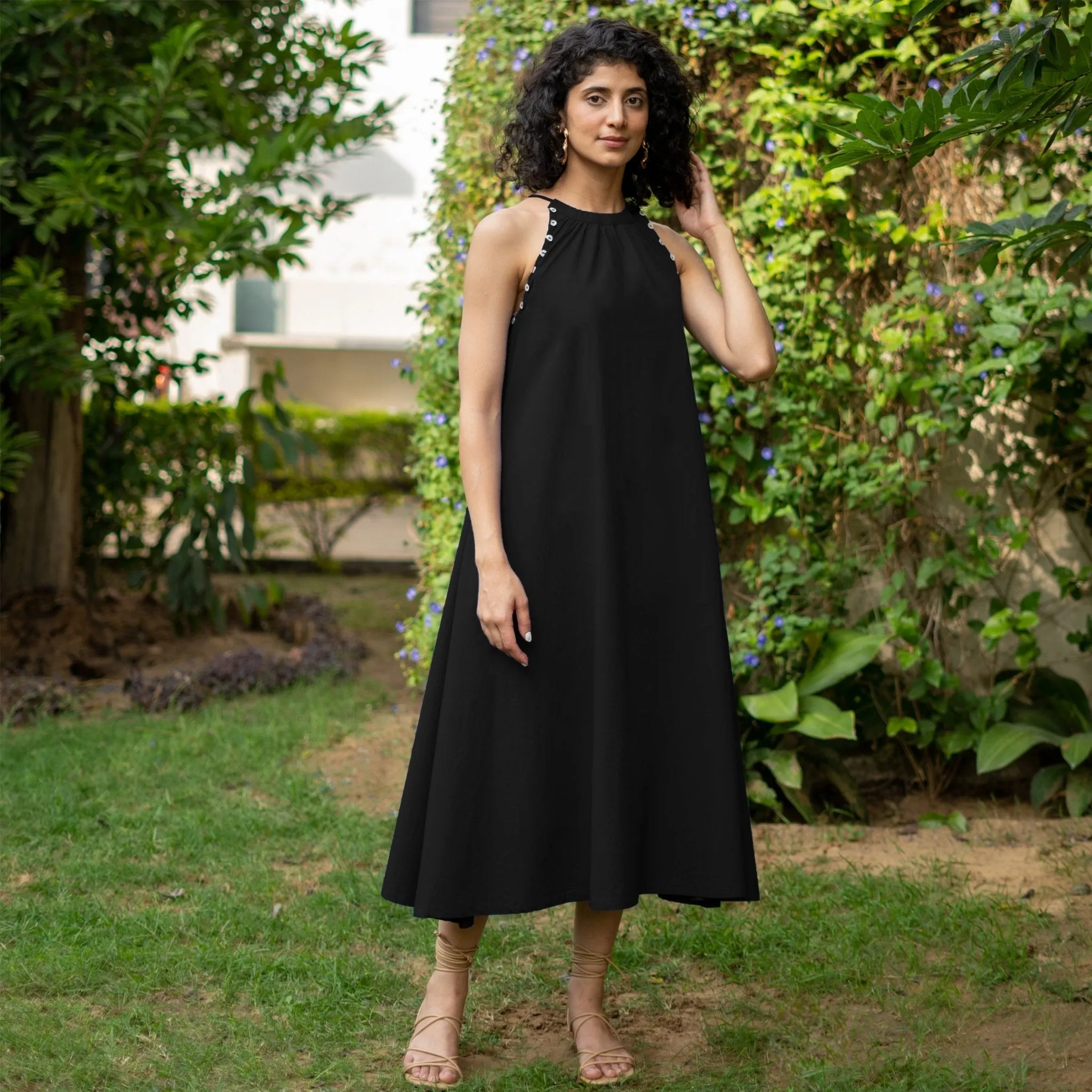 Black Cotton Poplin A-Line Detachable Sleeve Flared Midi Dress
