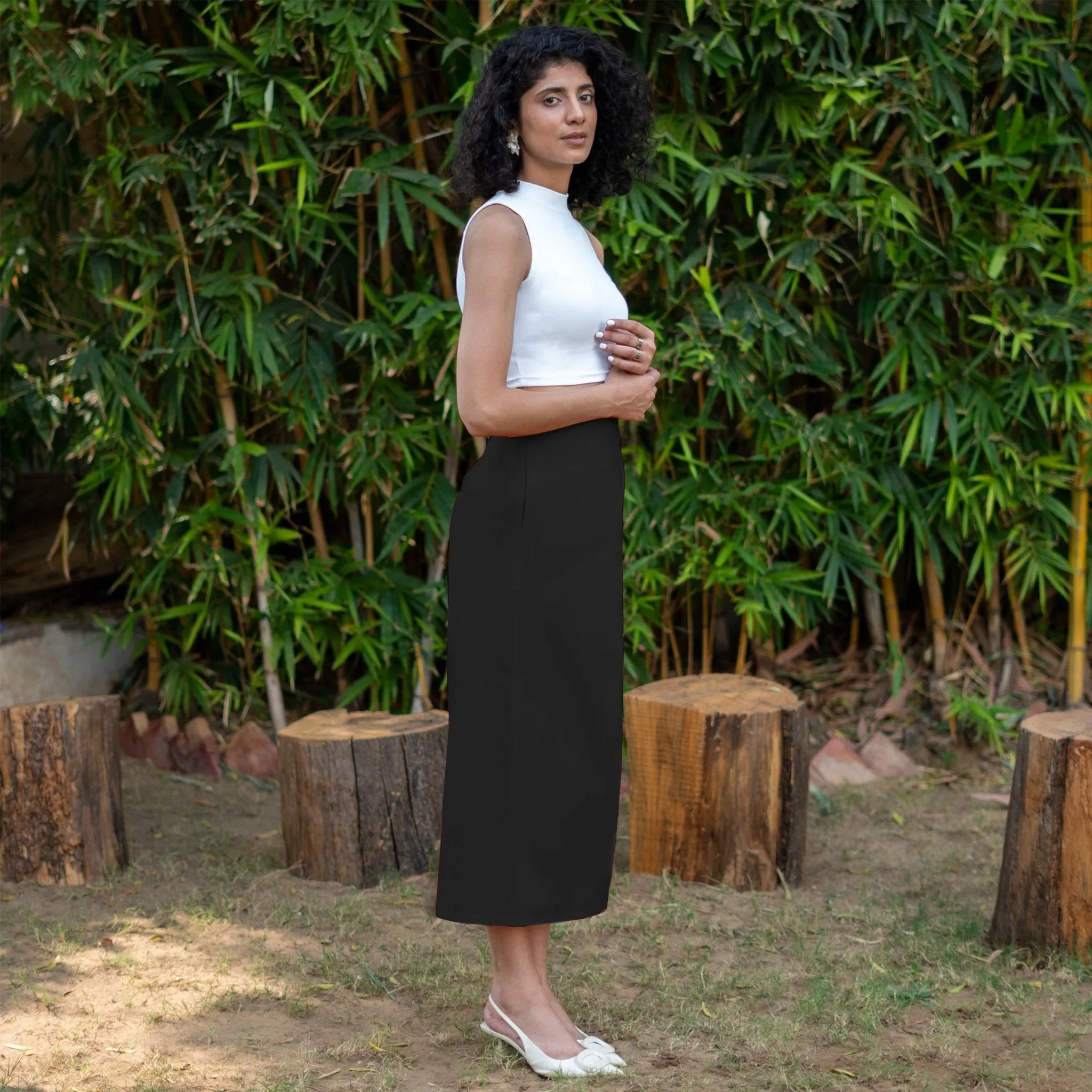 Black Cotton Poplin High-Rise Midi Wrap Skirt