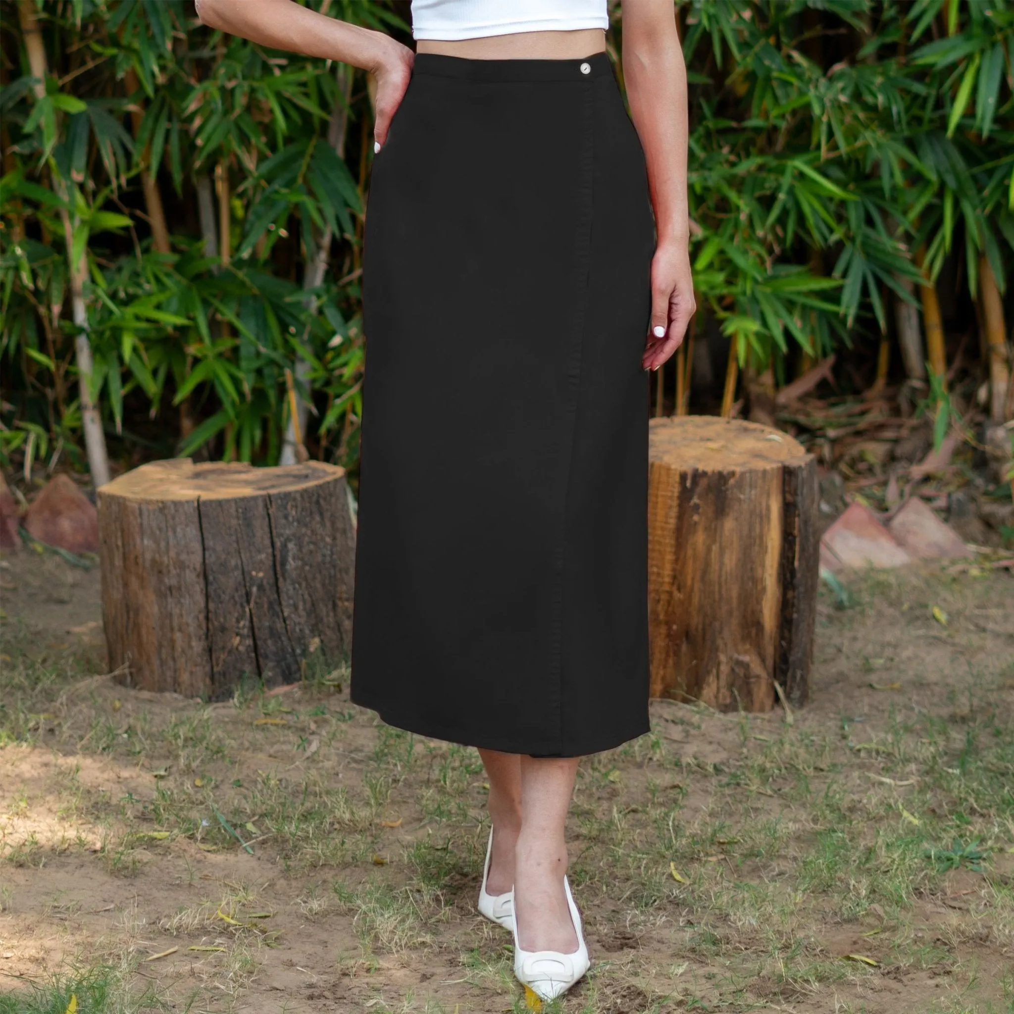 Black Cotton Poplin High-Rise Midi Wrap Skirt