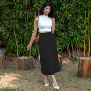 Black Cotton Poplin High-Rise Midi Wrap Skirt