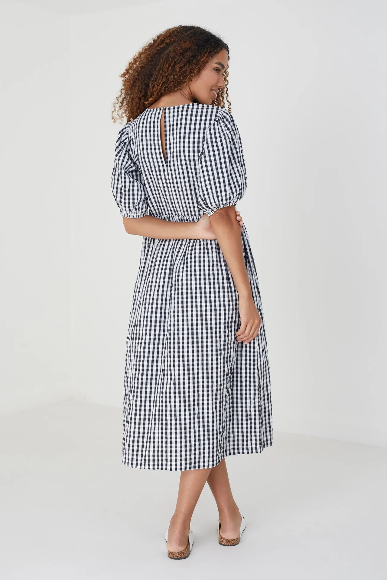 BLACK GINGHAM PRINT MIDI LENGTH WOVEN DRESS