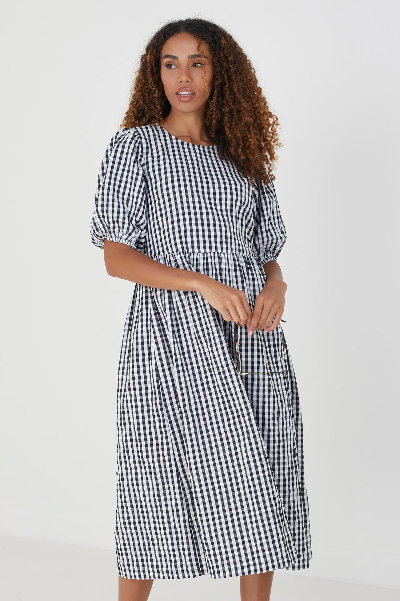 BLACK GINGHAM PRINT MIDI LENGTH WOVEN DRESS