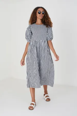 BLACK GINGHAM PRINT MIDI LENGTH WOVEN DRESS