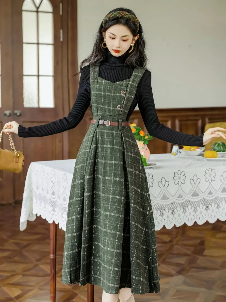 Black Knitwear&Plaid Pinafore Dress 2Pcs
