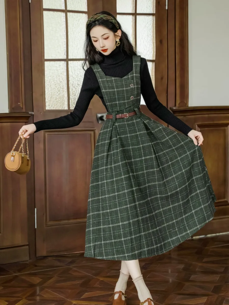 Black Knitwear&Plaid Pinafore Dress 2Pcs