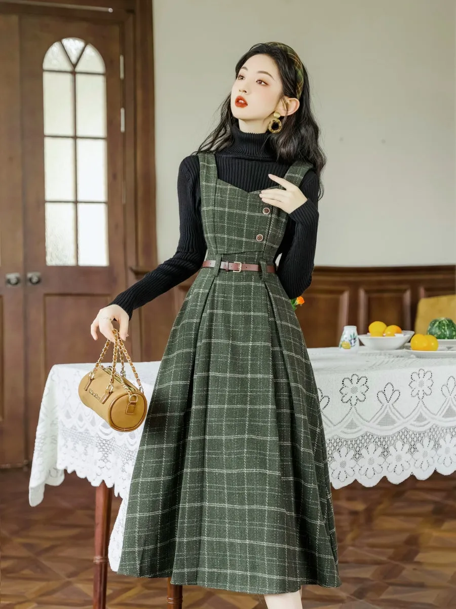 Black Knitwear&Plaid Pinafore Dress 2Pcs