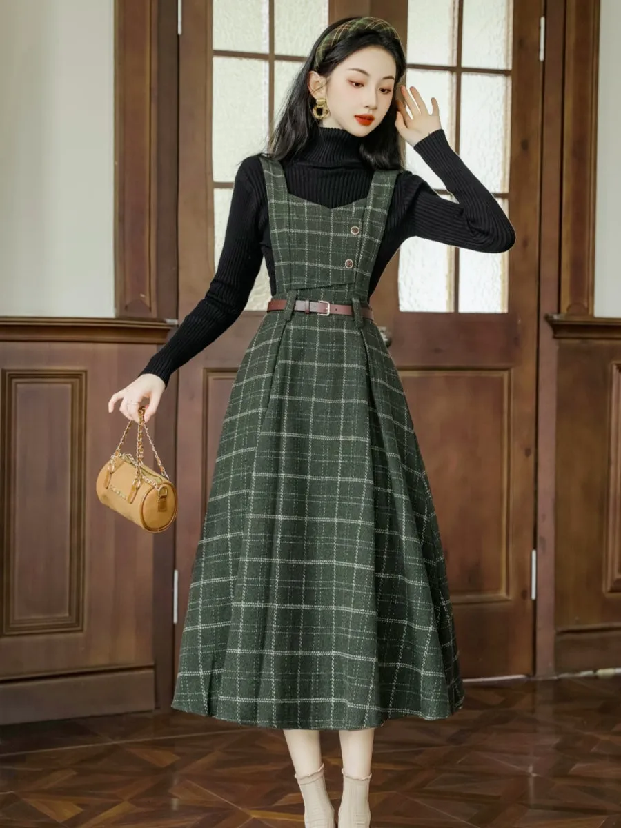 Black Knitwear&Plaid Pinafore Dress 2Pcs