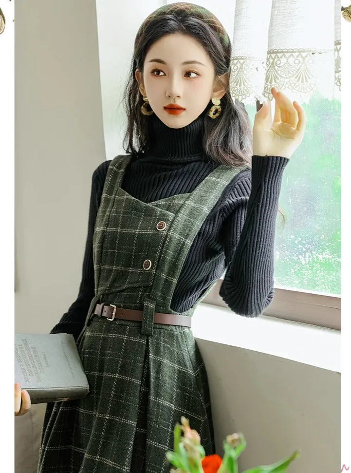 Black Knitwear&Plaid Pinafore Dress 2Pcs