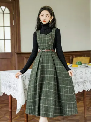 Black Knitwear&Plaid Pinafore Dress 2Pcs