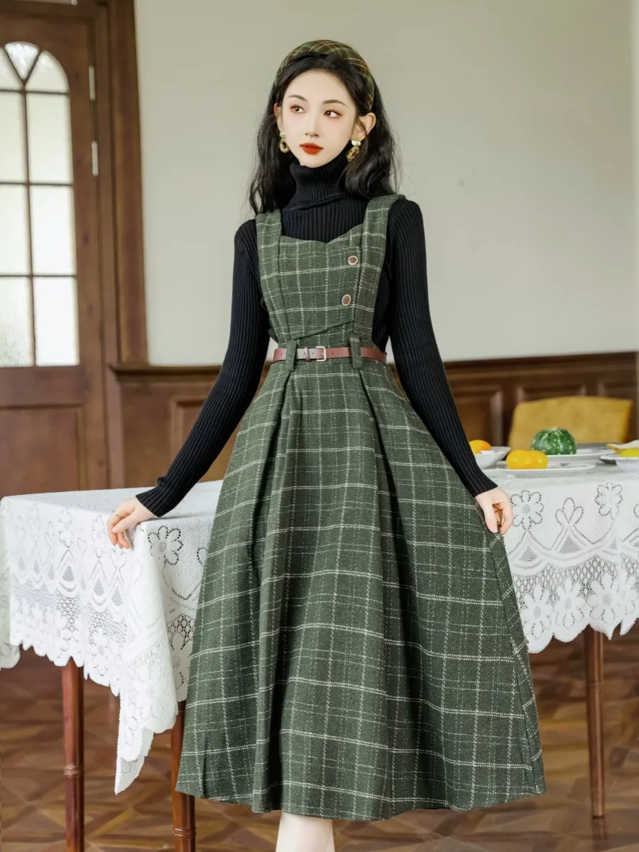 Black Knitwear&Plaid Pinafore Dress 2Pcs