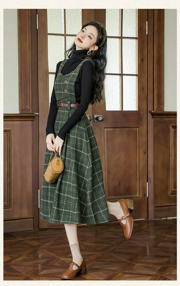 Black Knitwear&Plaid Pinafore Dress 2Pcs