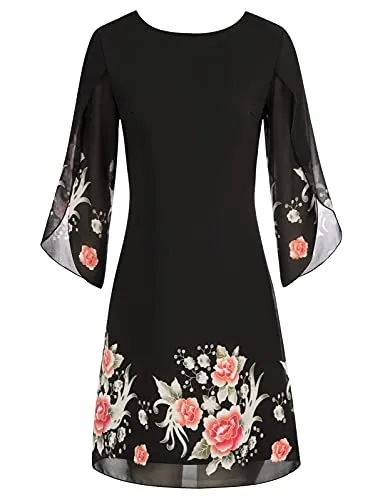 Black Pink Flower Print 1125 Loose Chiffon Dress Elegant Wedding Guest Dress for Party Dresses Casual Summer - GRACE KARIN