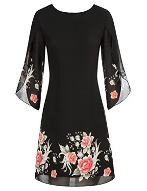 Black Pink Flower Print 1125 Loose Chiffon Dress Elegant Wedding Guest Dress for Party Dresses Casual Summer - GRACE KARIN