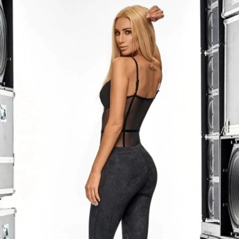 Black Sheer Mesh Criss Cross Strappy Bodysuit