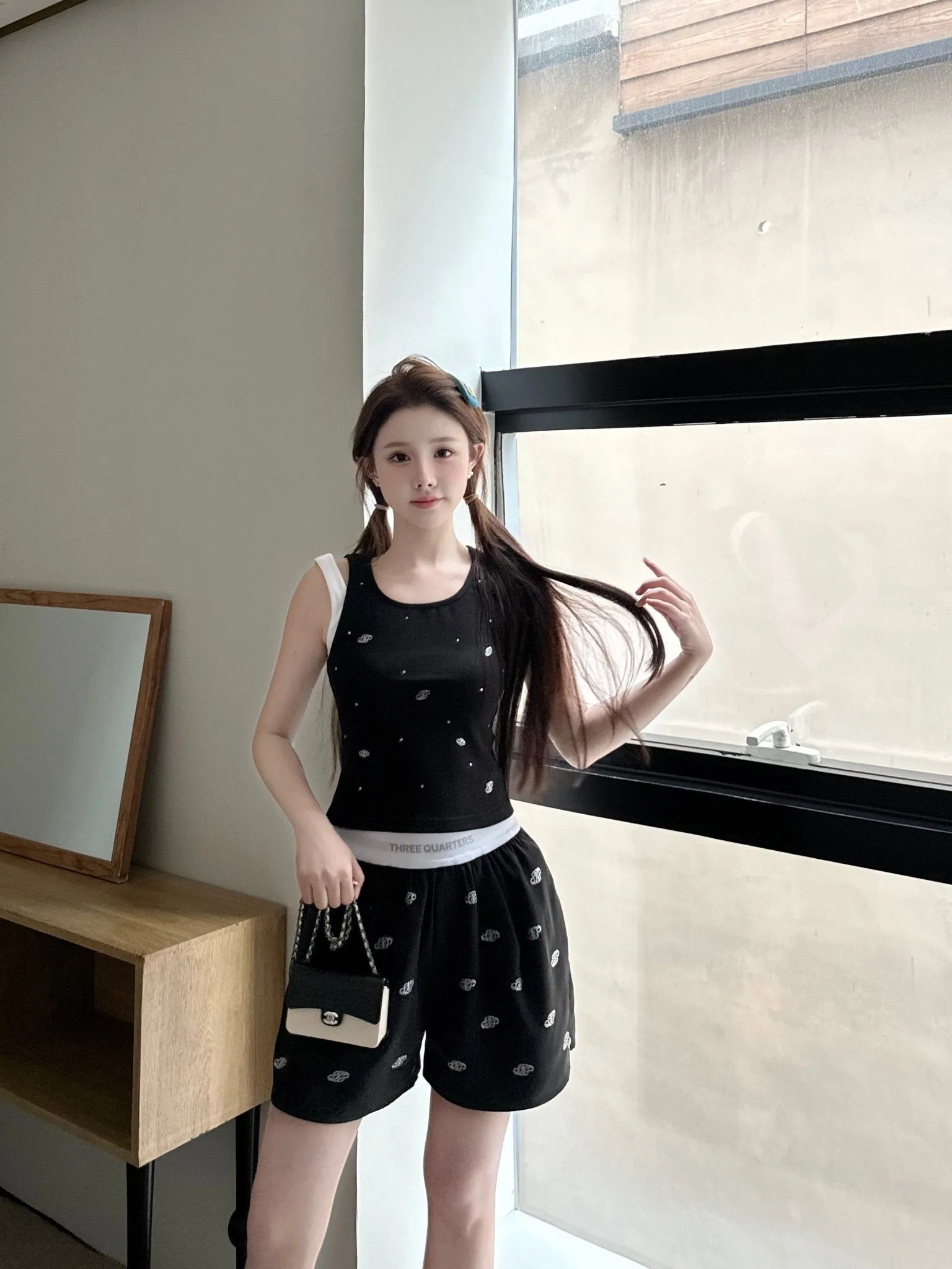 Black Tank Top with White Strap Logo and Rhinestones