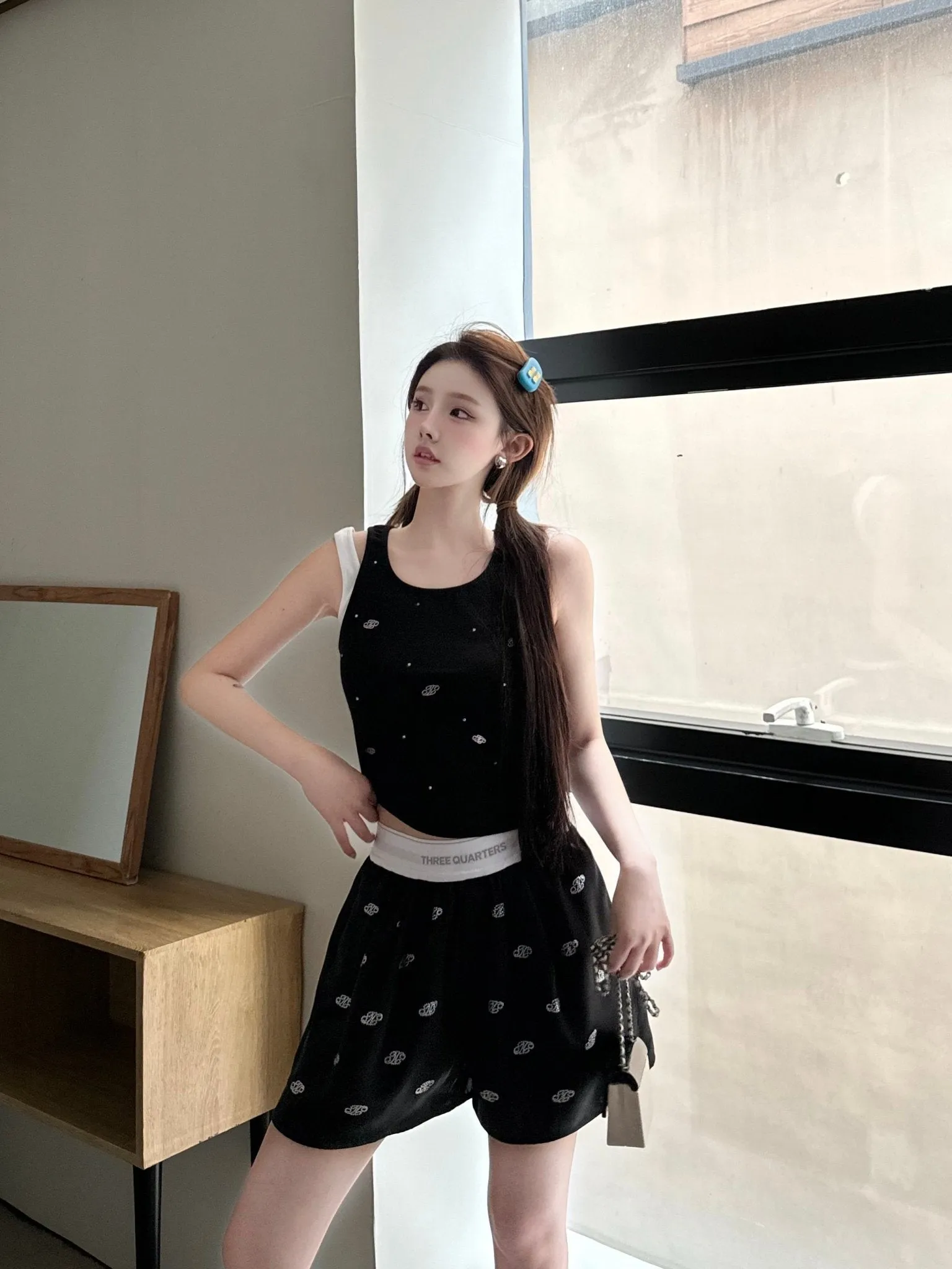 Black Tank Top with White Strap Logo and Rhinestones
