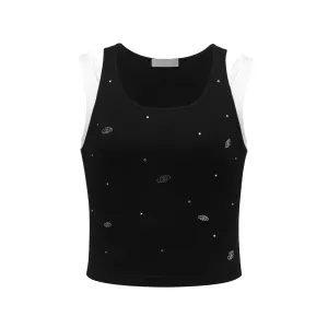 Black Tank Top with White Strap Logo and Rhinestones
