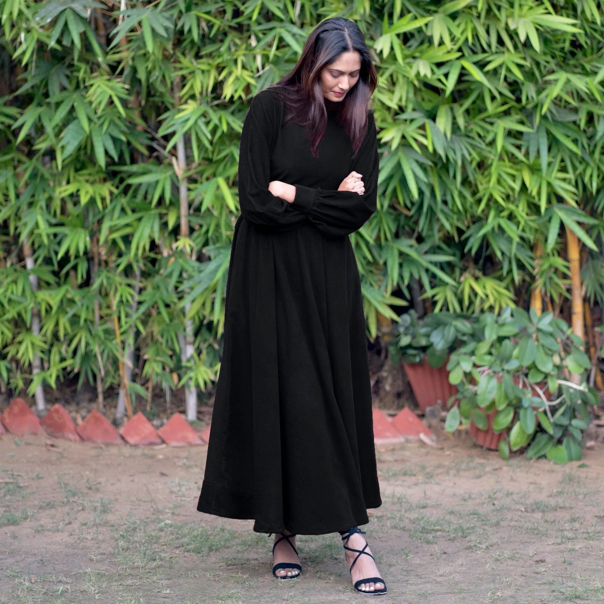 Black Warm Cotton Corduroy Fit and Flare Maxi Dress