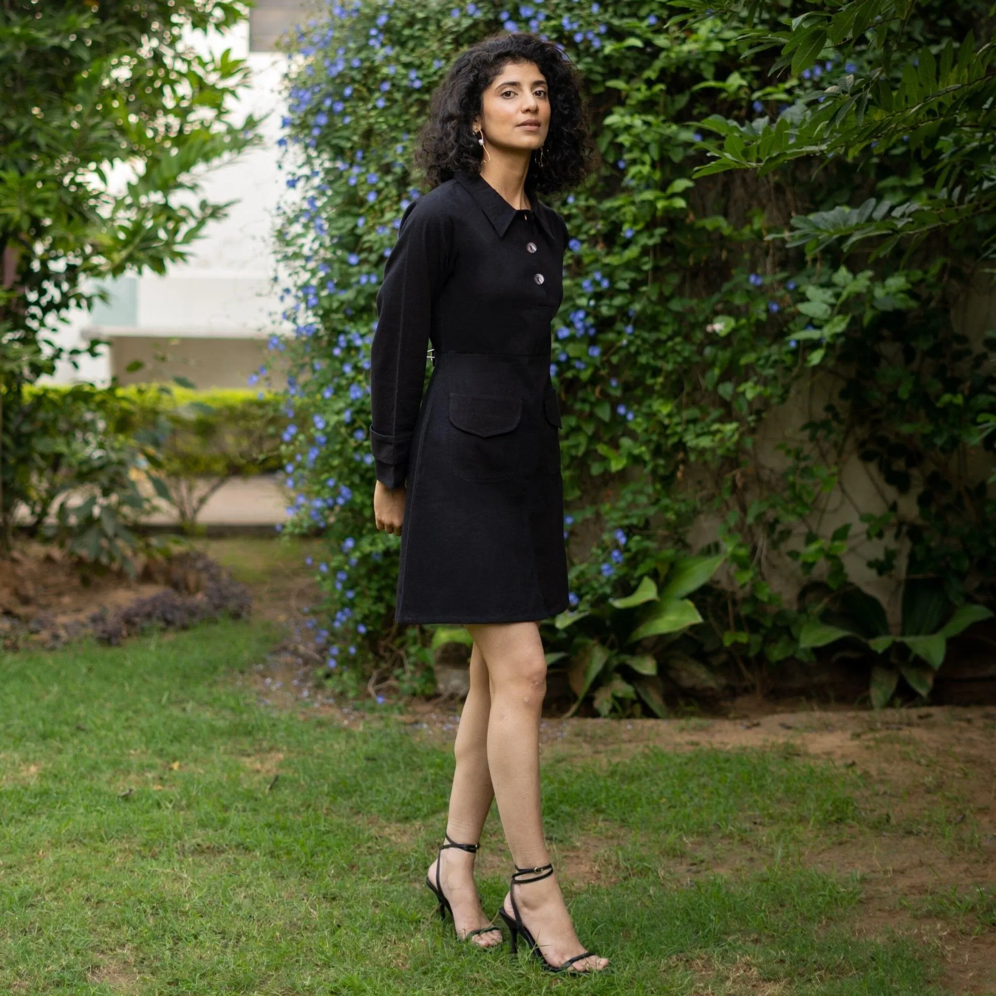 Black Warm Cotton Flannel A-Line Full Sleeve Short Dress