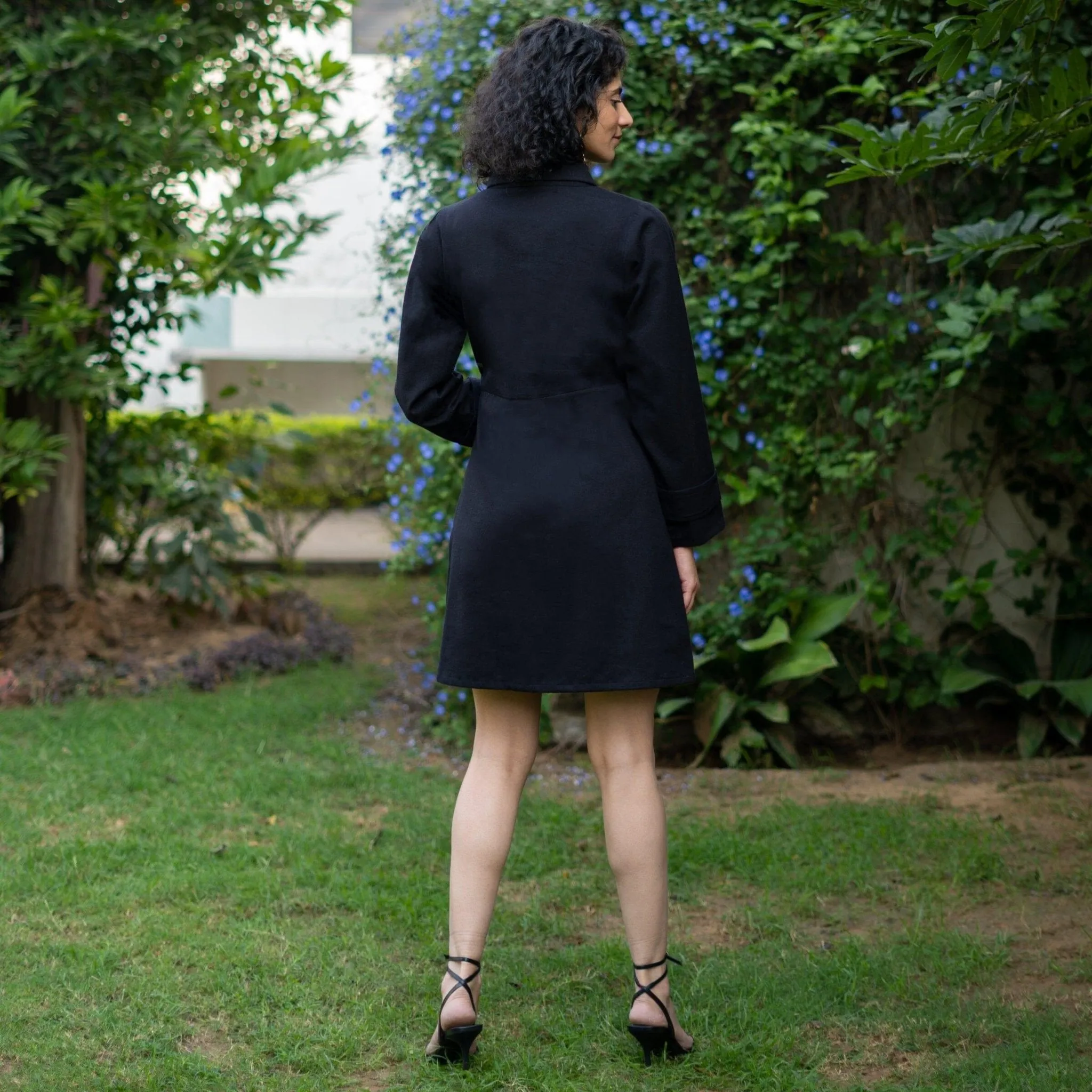 Black Warm Cotton Flannel A-Line Full Sleeve Short Dress