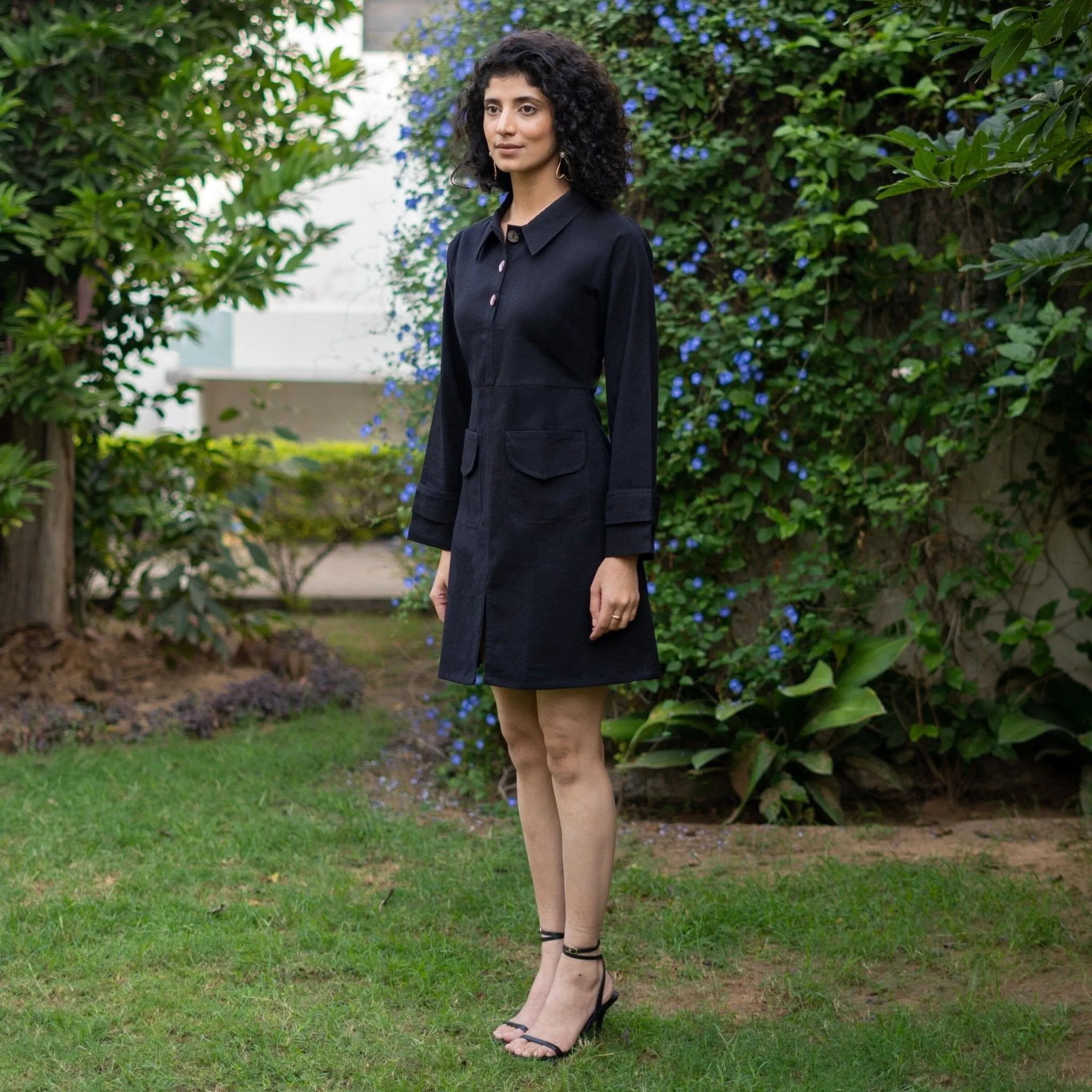 Black Warm Cotton Flannel A-Line Full Sleeve Short Dress