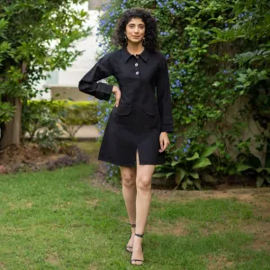 Black Warm Cotton Flannel A-Line Full Sleeve Short Dress