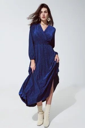 Blue shiny fitted high waist maxi dress with V neck