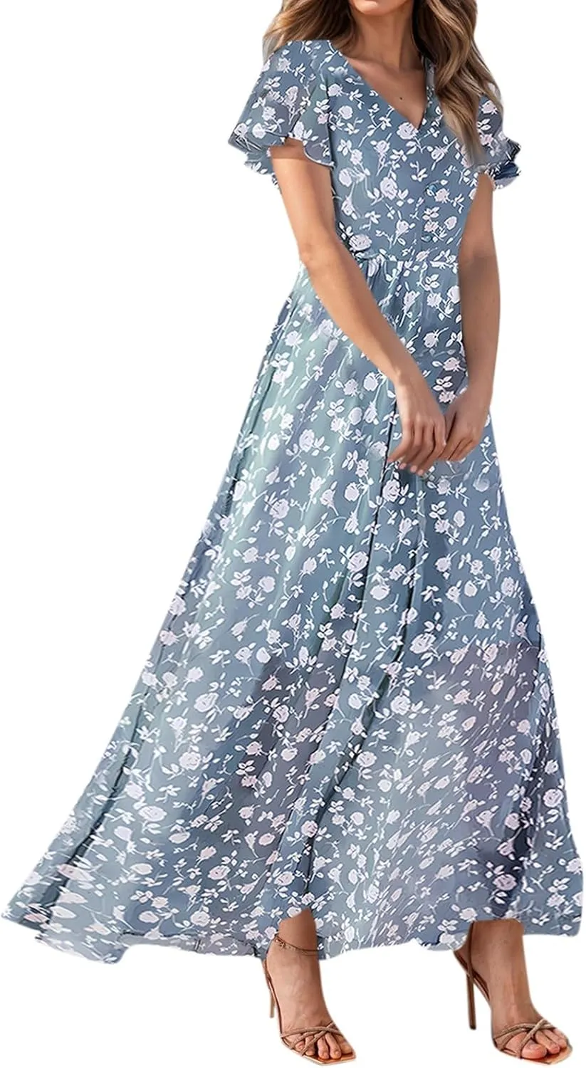 Boho Dresses for Women 2025 Maxi Dress Formal Summer Smocked Floral Dress Plus Size Ruffle Sleeve Chiffon Dresses