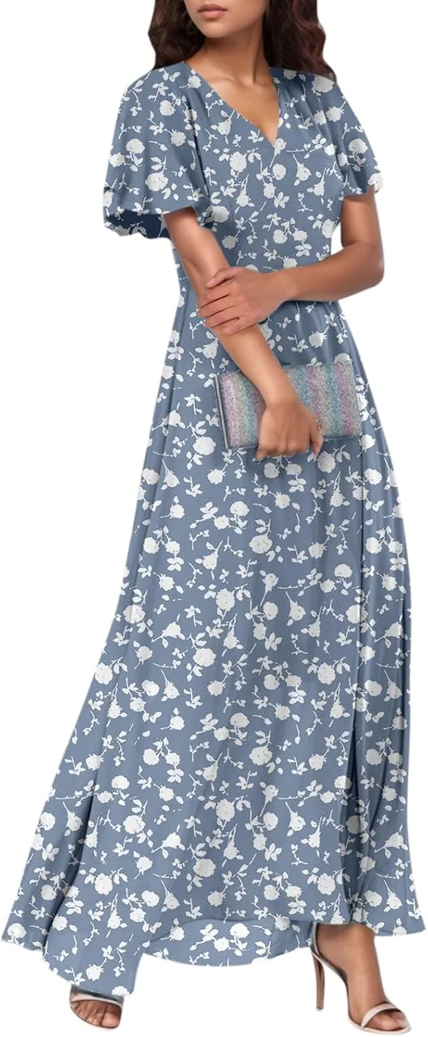 Boho Dresses for Women 2025 Maxi Dress Formal Summer Smocked Floral Dress Plus Size Ruffle Sleeve Chiffon Dresses