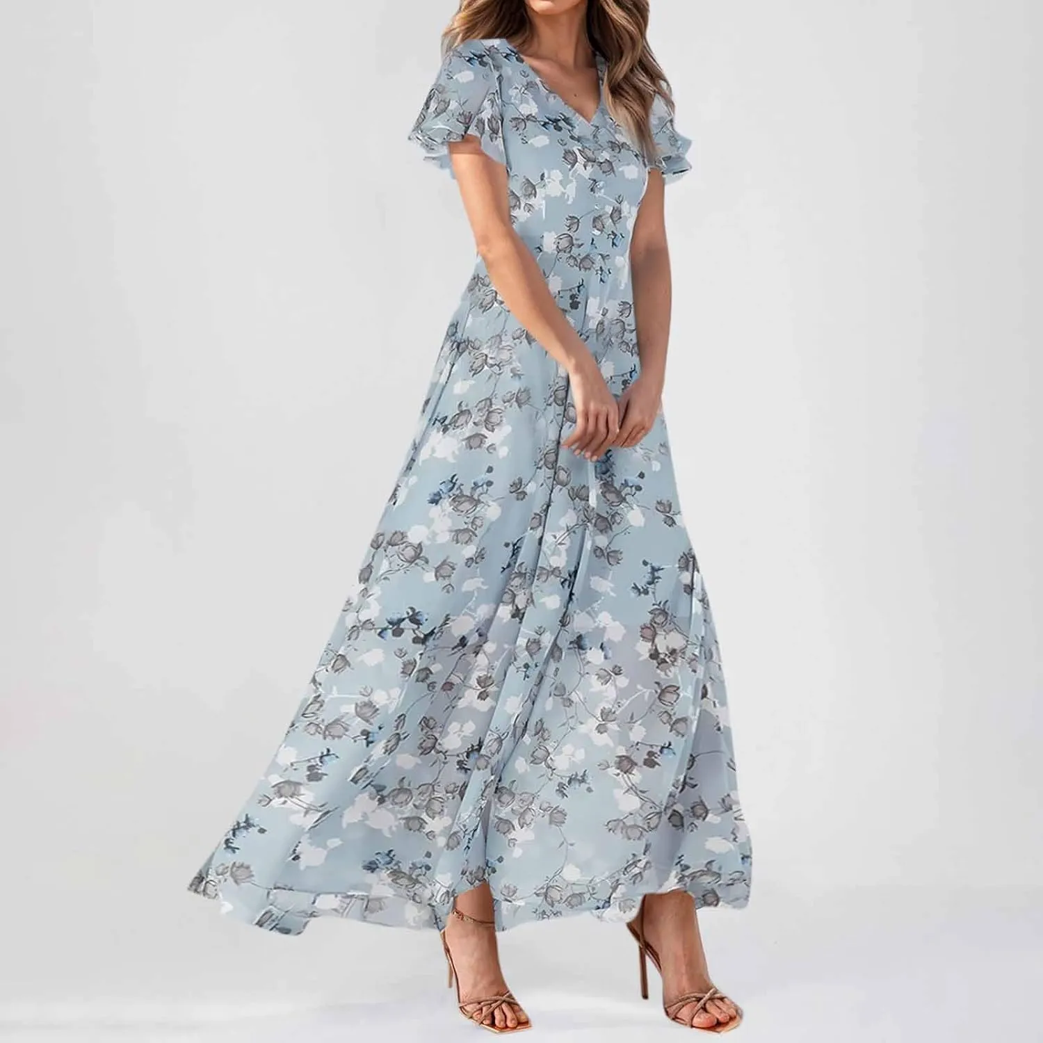 Boho Dresses for Women 2025 Maxi Dress Formal Summer Smocked Floral Dress Plus Size Ruffle Sleeve Chiffon Dresses