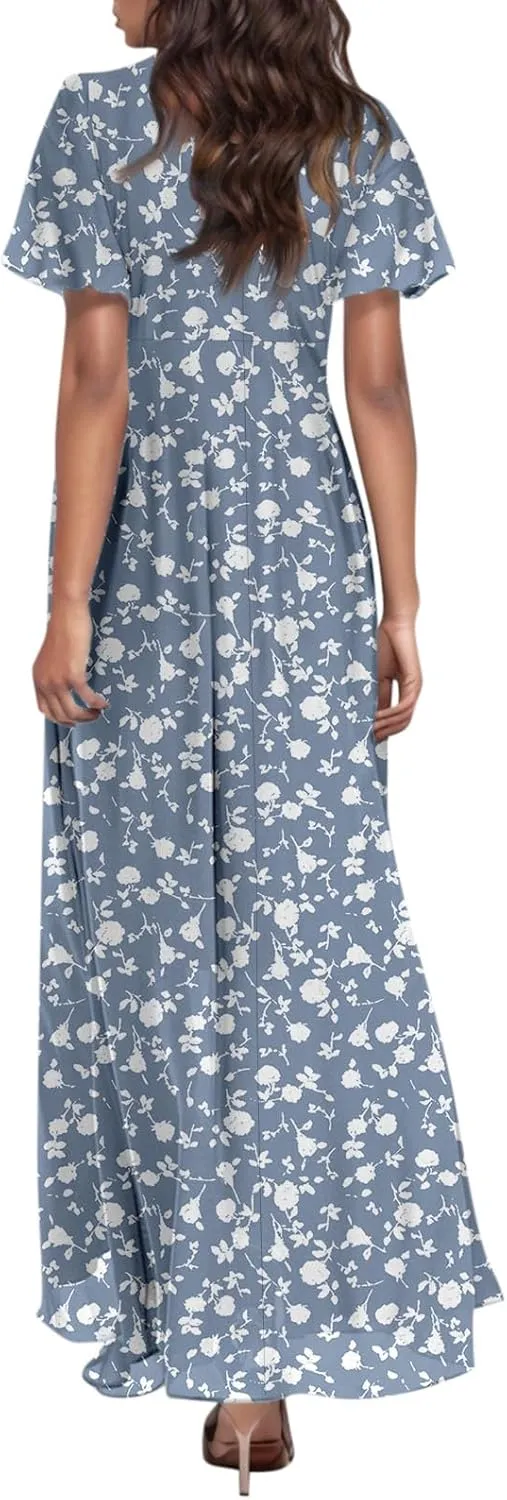 Boho Dresses for Women 2025 Maxi Dress Formal Summer Smocked Floral Dress Plus Size Ruffle Sleeve Chiffon Dresses