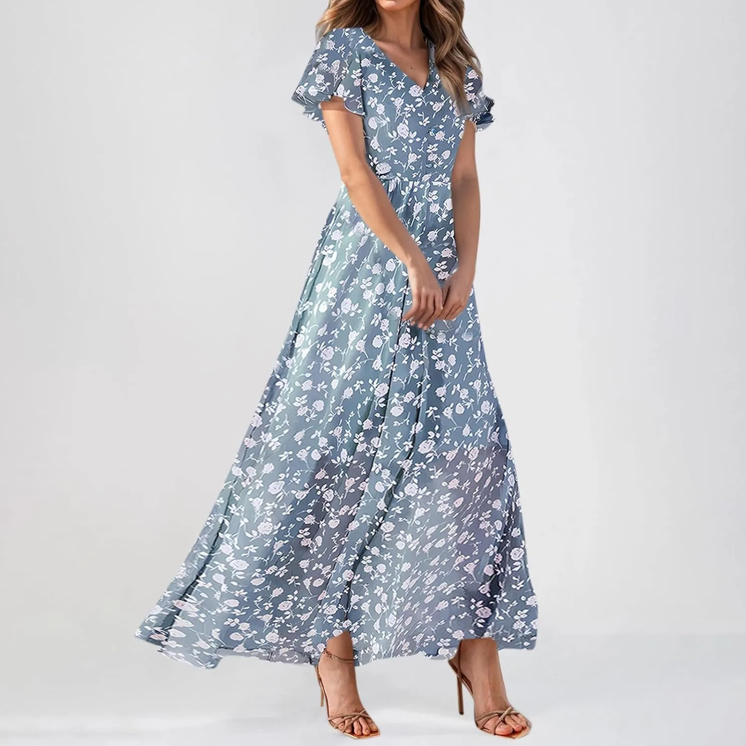 Boho Dresses for Women 2025 Maxi Dress Formal Summer Smocked Floral Dress Plus Size Ruffle Sleeve Chiffon Dresses
