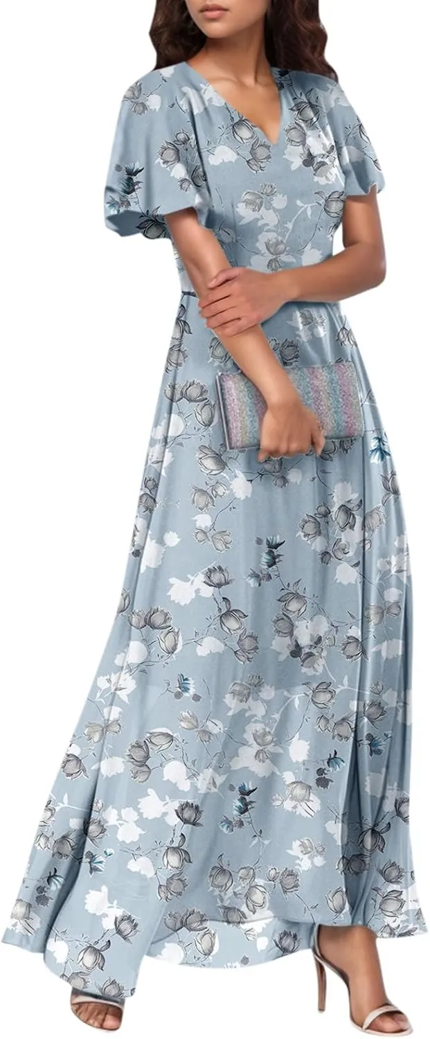 Boho Dresses for Women 2025 Maxi Dress Formal Summer Smocked Floral Dress Plus Size Ruffle Sleeve Chiffon Dresses