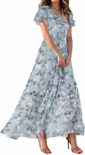 Boho Dresses for Women 2025 Maxi Dress Formal Summer Smocked Floral Dress Plus Size Ruffle Sleeve Chiffon Dresses