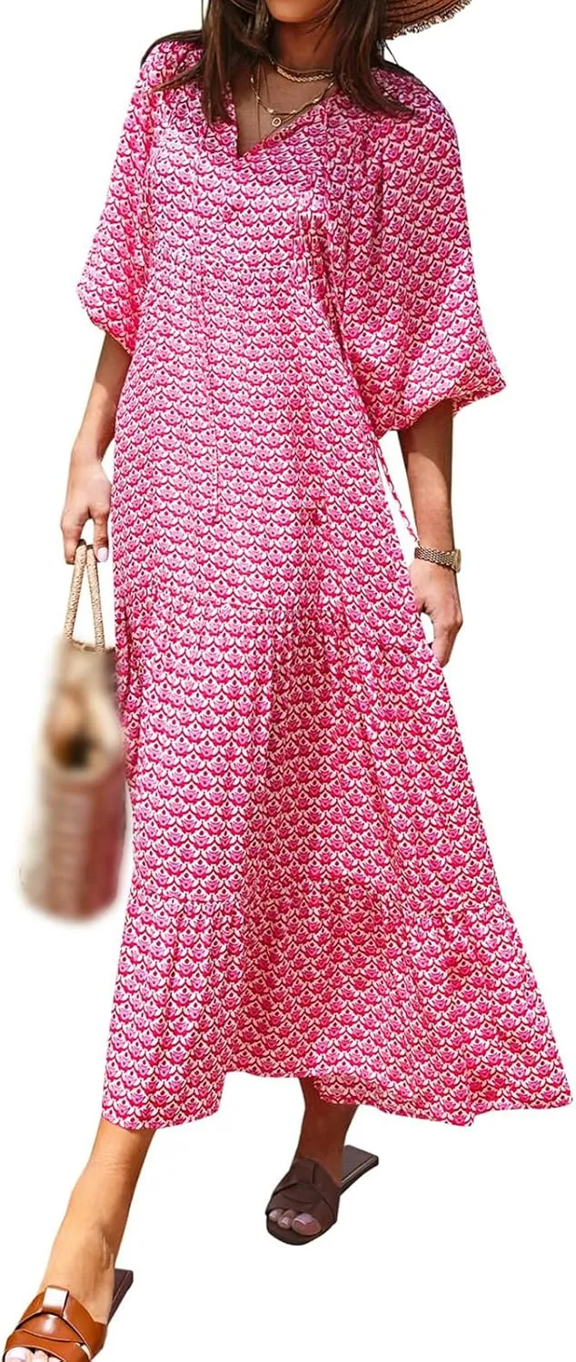 Boho Maxi Dresses for Women Casual Floarl V Neck Puff Short Sleeve Dress Summer Loose Color Block Beach Sundress