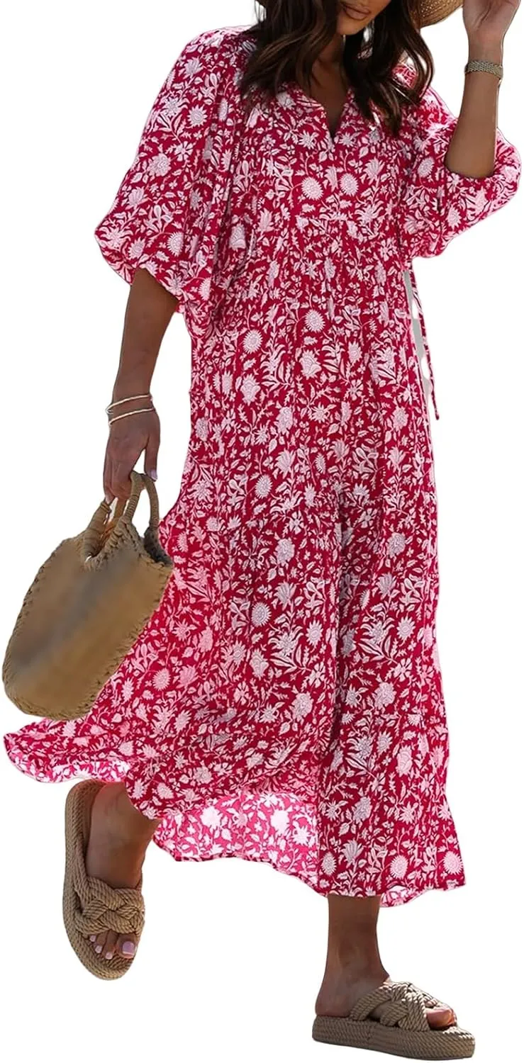 Boho Maxi Dresses for Women Summer Loose V Neck Puff Short Sleeve Dress Casual Flowy Floral Tiered Beach Sundress