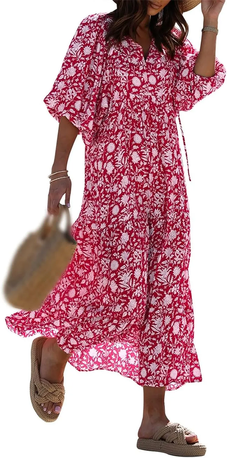 Boho Maxi Dresses for Women Summer Loose V Neck Puff Short Sleeve Dress Casual Flowy Floral Tiered Beach Sundress