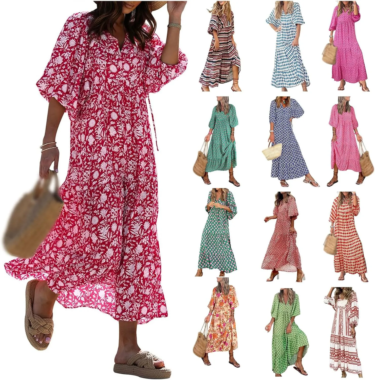 Boho Maxi Dresses for Women Summer Loose V Neck Puff Short Sleeve Dress Casual Flowy Floral Tiered Beach Sundress