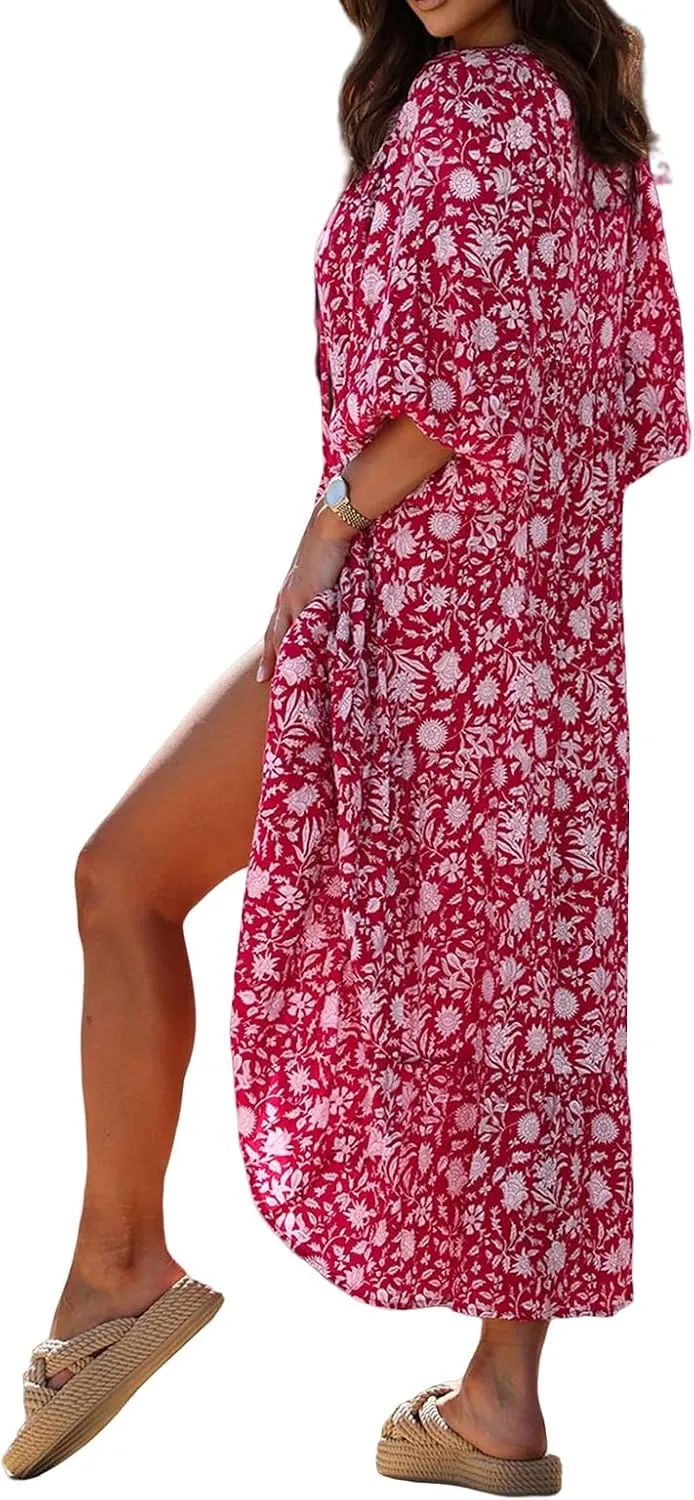 Boho Maxi Dresses for Women Summer Loose V Neck Puff Short Sleeve Dress Casual Flowy Floral Tiered Beach Sundress