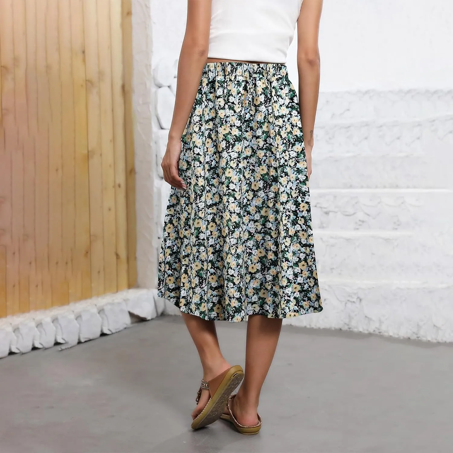 Boho Midi Skirts for Women Summer Drawstring High Waisted Skirt Knee Length A-Line Loose Skirts for Work with Pockets