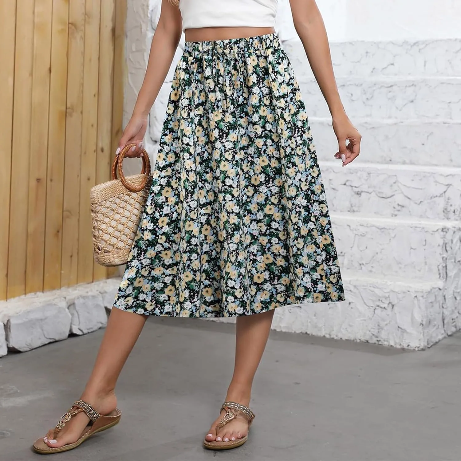 Boho Midi Skirts for Women Summer Drawstring High Waisted Skirt Knee Length A-Line Loose Skirts for Work with Pockets