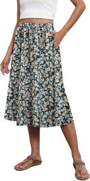 Boho Midi Skirts for Women Summer Drawstring High Waisted Skirt Knee Length A-Line Loose Skirts for Work with Pockets
