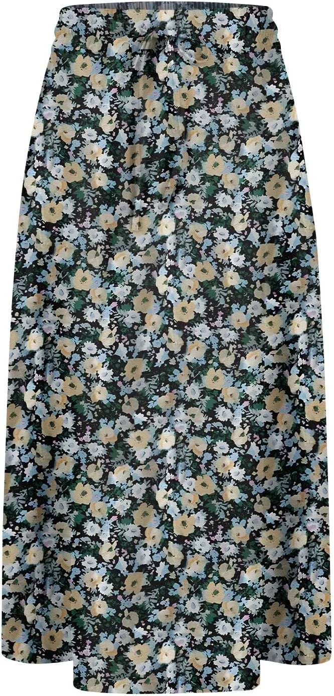 Boho Midi Skirts for Women Summer Drawstring High Waisted Skirt Knee Length A-Line Loose Skirts for Work with Pockets