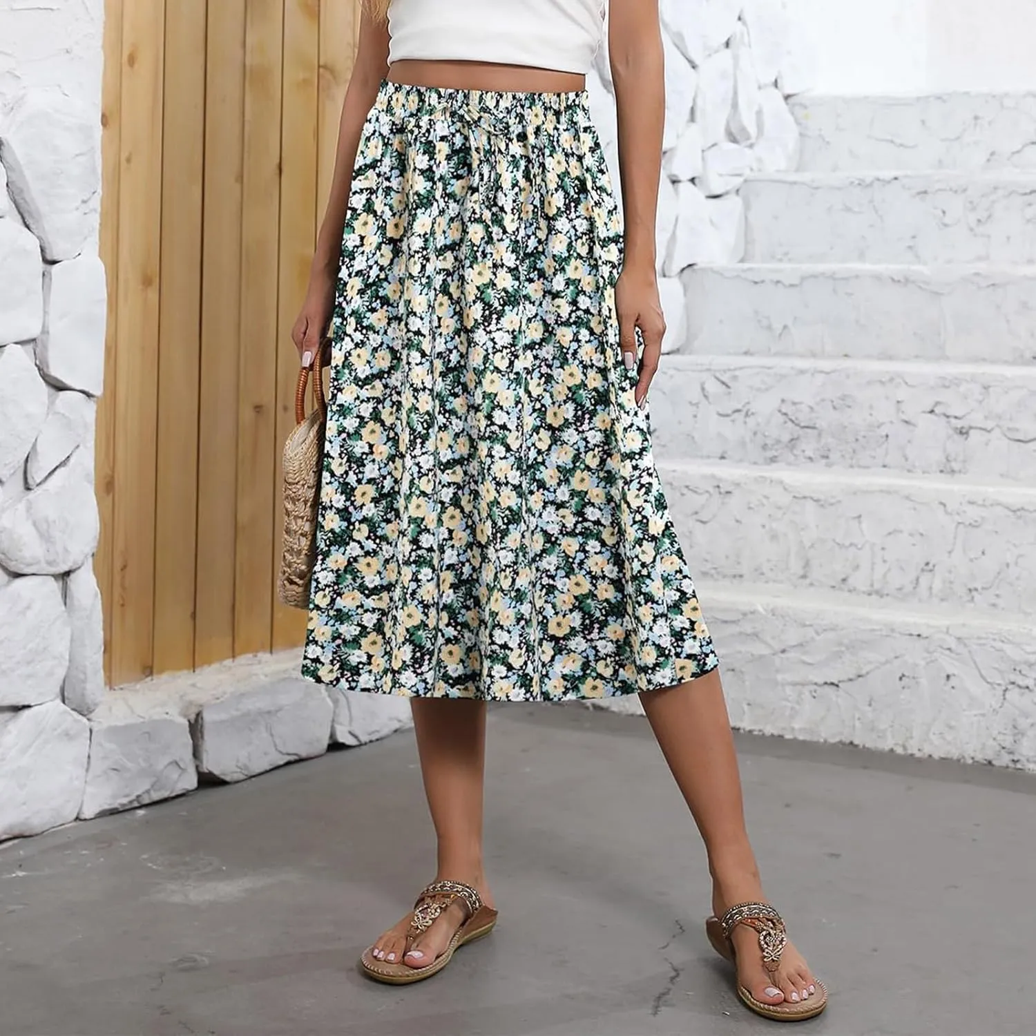Boho Midi Skirts for Women Summer Drawstring High Waisted Skirt Knee Length A-Line Loose Skirts for Work with Pockets