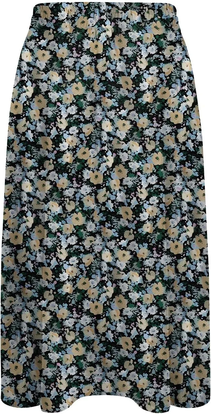 Boho Midi Skirts for Women Summer Drawstring High Waisted Skirt Knee Length A-Line Loose Skirts for Work with Pockets