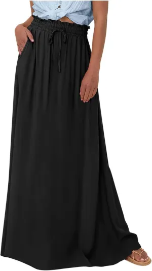 Boho Skirts for Women Casual Smocked Elastic High Waist Tie Long Maxi Skirt Summer Comfy Flowy Dress with Pockets