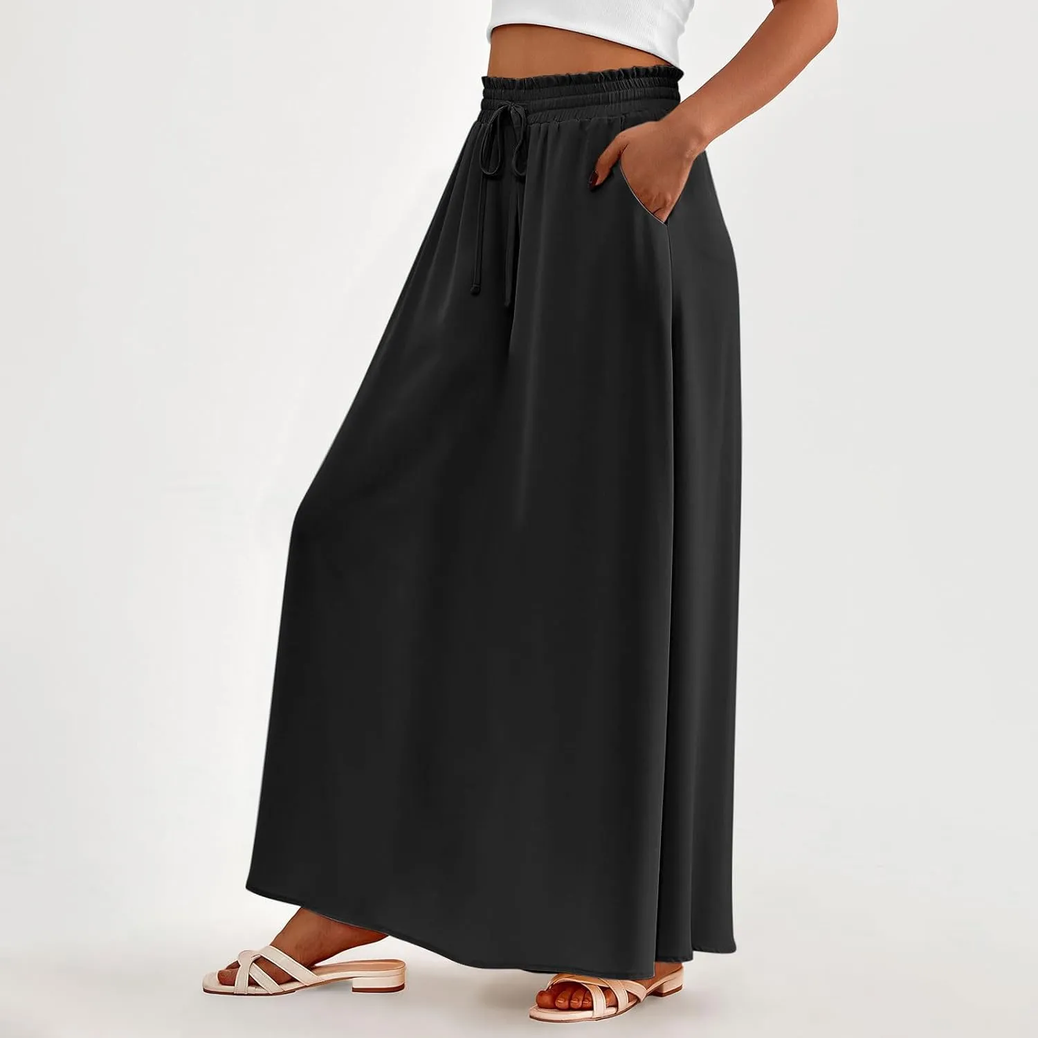 Boho Skirts for Women Casual Smocked Elastic High Waist Tie Long Maxi Skirt Summer Comfy Flowy Dress with Pockets